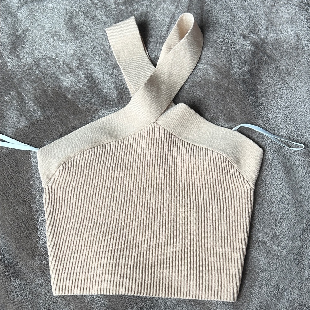 Aritzia Babaton sculpt knit cross crop top in tan